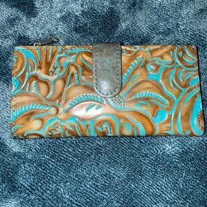Patricia Nash Turquoise and Brown Floral Embossed Wallet